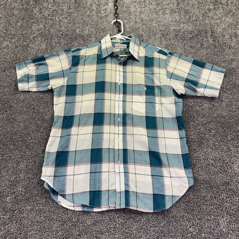 Vtg Favorites Shirt Mens Large Blue Plaid Short Sleeve Button Up USA Casual
